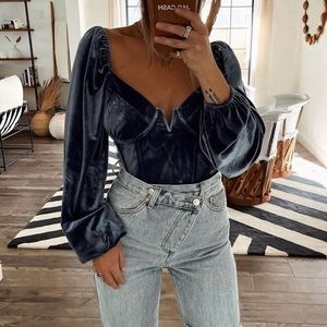Blue velvet long sleeve crop top